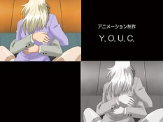 Аниме блондинка мастурбирует клитор и сжимает грудь в библиотеке