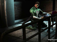 Супер герой в зелёном костюме на улице трахает рыжую девчонку