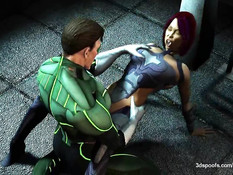 Супер герой в зелёном костюме на улице трахает рыжую девчонку