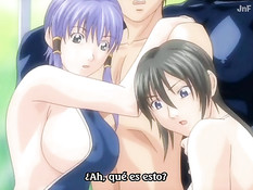 Две сисястые хентай девушки проводят с парнем секс эксперименты