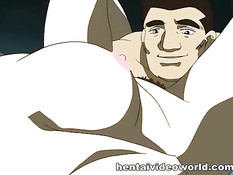 Мужчина оттрахал и залил спермой грудастую хентай девку в очках