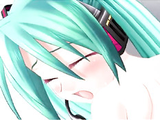 Хентай девчонка с длинными зелёными волосами сосёт парню член