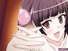 Сиськастая аниме брюнетка дрочила мужику член руками и сиськами