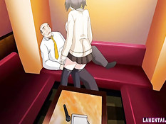 Сиськастая аниме брюнетка дрочила мужику член руками и сиськами