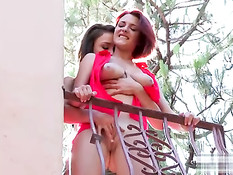 Рыжеволосая лесбиянка с большой грудью вылизывает киску и анус