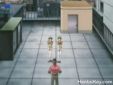 Две хентай девки занимались лесбийским сексом и ебались с парнем