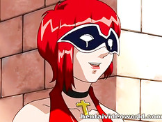 Хентай лесбиянка в маске трахает страпоном грудастую любовницу