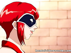 Хентай лесбиянка в маске трахает страпоном грудастую любовницу