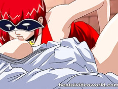 Хентай лесбиянка в маске трахает страпоном грудастую любовницу