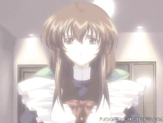 Сисястая хентай девчонка в ванной делает минет и ебётся с парнем