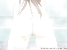 Сисястая хентай девчонка в ванной делает минет и ебётся с парнем