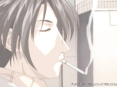 Сисястая хентай девчонка в ванной делает минет и ебётся с парнем