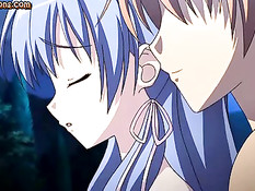 Хентай девчонка с голубыми волосами подрочила и пососала парню