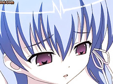 Хентай девчонка с голубыми волосами подрочила и пососала парню