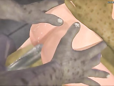 Три монстра заставляют 3D девушку отсосать член и трахают раком