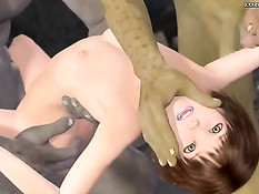 Три монстра заставляют 3D девушку отсосать член и трахают раком