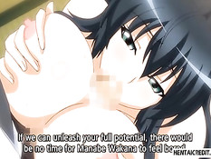 Связанную хентай брюнетку на кровати трахают двумя вибраторами