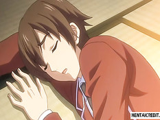 Связанную хентай брюнетку на кровати трахают двумя вибраторами