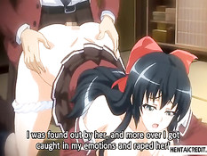 Связанную хентай брюнетку на кровати трахают двумя вибраторами