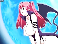 Рыжая аниме проказница с крыльями села верхом на огромный член