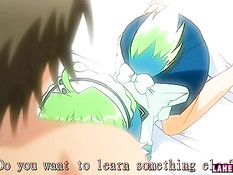 Хентай девственница делает парнишке минет и трахается на кровати