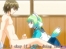 Хентай девственница делает парнишке минет и трахается на кровати