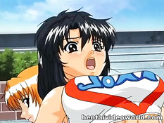 Рыжая хентай лесбиянка ебёт брюнеточку красным фаллоимитатором