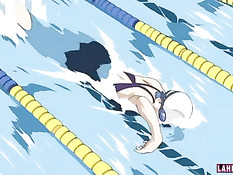 Хентай пловчиха в купальнике сосёт хуй и трахается возле бассейна