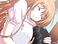 Три сиськастые хентай девушки дают парню ласкать грудь и дрочат