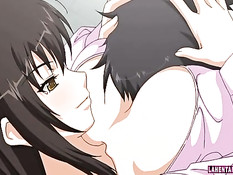 Три сиськастые хентай девушки дают парню ласкать грудь и дрочат