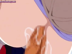 Хентай принцесса с массивной грудью делает минет и дрочит член