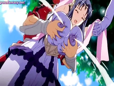 Хентай принцесса с массивной грудью делает минет и дрочит член