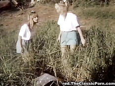 Две девки из классического порно нашли мужчину и играют с членом