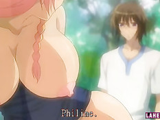 Светловолосая хентай девка с косой делает минет у дерева в лесу