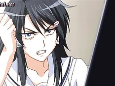 Грудастая аниме брюнетка в чулках громко стонет прыгая на члене