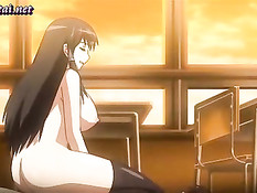 Грудастая аниме брюнетка в чулках громко стонет прыгая на члене