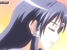 Грудастая аниме брюнетка в чулках громко стонет прыгая на члене