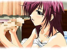 Хентай девушка с большими сиськами получила полный рот спермы