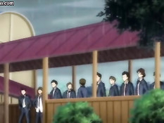 Возбуждённые парни оттрахали в туалете сисястую хентай девушку