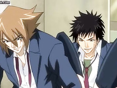 Возбуждённые парни оттрахали в туалете сисястую хентай девушку