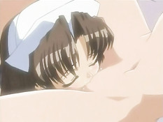 Грудастая хентай лесбиянка в чулках на кровати затрахала подругу