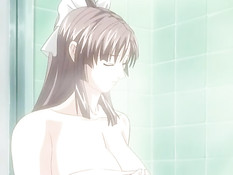 Грудастая хентай девчонка зашла в душ к парню и подрочила член