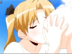 Хентай лесбиянки на пляже лижут грудь и играют с фаллоимитатором