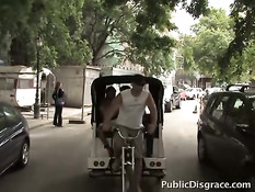 Мужики возят по городу полуголую брюнетку и ебут во все дырки