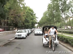 Мужики возят по городу полуголую брюнетку и ебут во все дырки