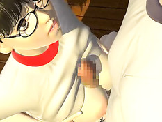 Очкастая 3D девчонка с хвостиками делает минет и ебётся с парнем