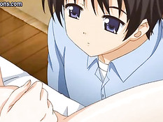 Аниме девка в очках насаживается бритой писькой на большой член