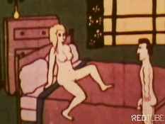 В ретро порно мультфильме киску мастурбируют разными продуктами