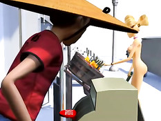 3D блондинка отсасывает чёрный фаллоимитатор и садится на него