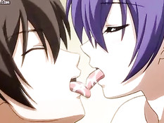 Парень тискает большие сиськи аниме девушки и даёт отсосать член